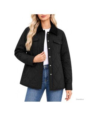 Womens Lightweight Quilted Snap Button Barn Jacket Corduroy Collar Water